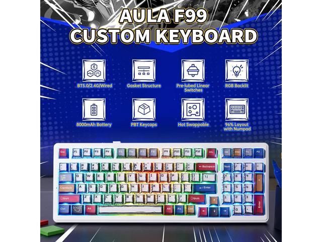 Aula F99 Mechanical Gaming Keyboard, Wireless Creamy Keyboard Hot Swappable Custom Bluetooth Computer Keyboards, Tri-Mode BT5.0/2.4GHz/USB-C,...