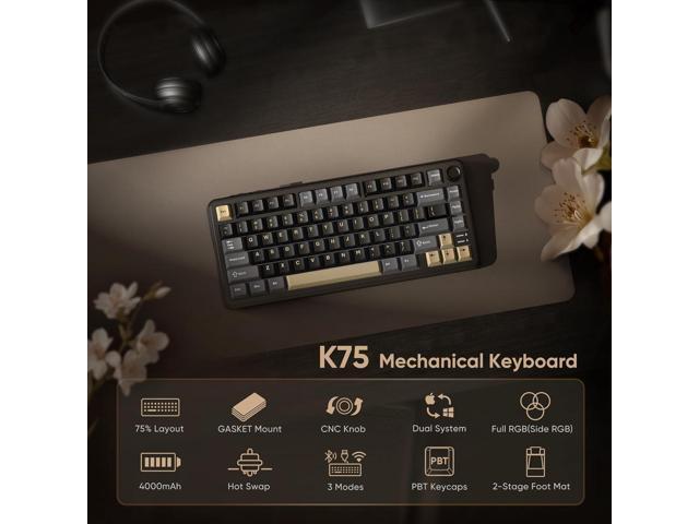 RedThunder K75 Wireless Mechanical Keyboard, CNC Knob, Tri-Mode BT5.0/2.4GHz/USB-C Hot Swappable Custom, Pre-lubed Linear Coconut Switches, Gasket...