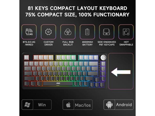 AOC GK330 Gaming Keyboard, Hot Swappable Wireless Mechanical Keyboard Support BT/2.4GHz/USB-C, RGB Backlit, Pre-lubed Reaper Switches,...