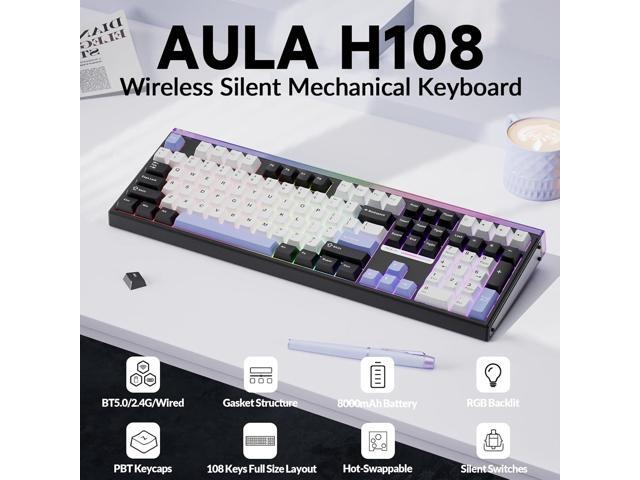 Aula H108 Wireless Mechanical Keyboard, Hot Swappable Silent Keyboard, Full Size Keyboard with Number Pad, Gasket Structure, RGB Backlit Computer...