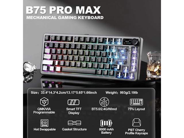 YUNZII B75 PRO MAX QMK/VIA Wireless Mechanical Keyboard,75% Layout with Screen and Knob,Custom Hot Swap Gasket,Creamy Pre-lubed...