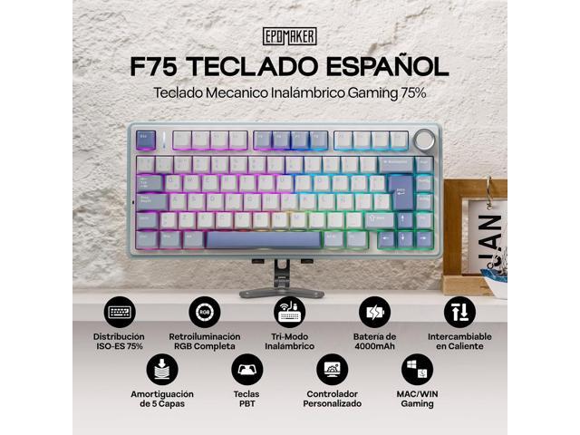 EPOMAKER Aula F75 ISO-ES Wireless Mechanical Gaming Keyboard, 75% Spanish Layout with Knob, Creamy Gasket, Sound-Dampening, RGB, Hot-Swap,...