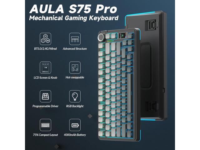 AULA S75 PRO Wireless Mechanical Keyboard with Screen & Knob, Tri-Mode Hot Swappable Gaming Keyboard 75%, Pre-lubed Switches, RGB Backlit, Side...
