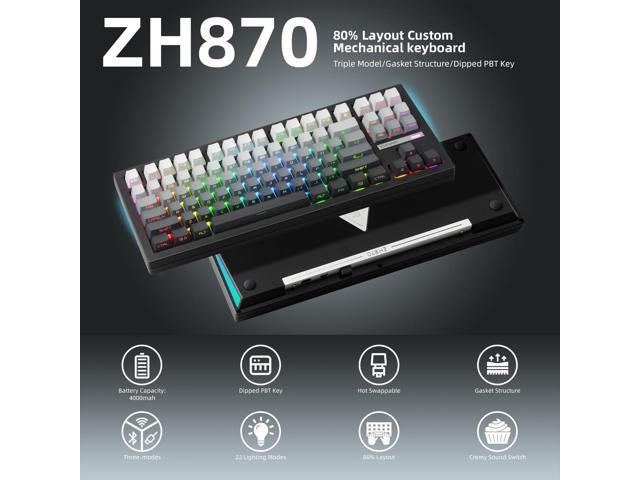 ZORNHER ZH870 Wireless Mechanical Gaming Keyboard,80% Black Custom Creamy Sound Keyboard with Shine Through PBT Keycaps,Pre-lubed Linear...