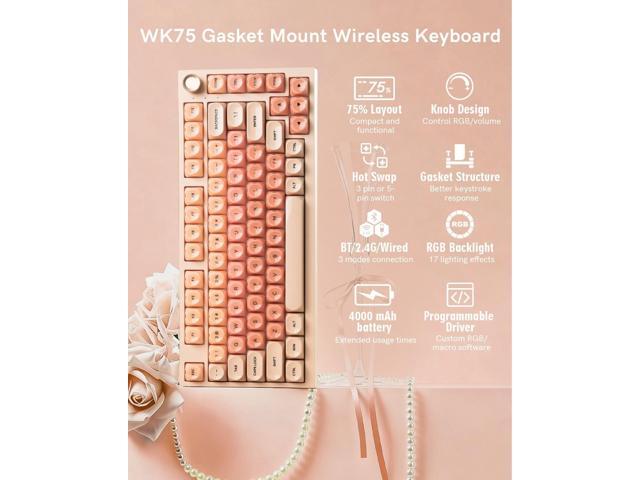 WK75 Wireless Mechanical Keyboard with Knob, 75% Foundation Pink Creamy Keyboard, Hot Swappable, Pre-lubed Switches, Gasket Mount with MOA Profile...