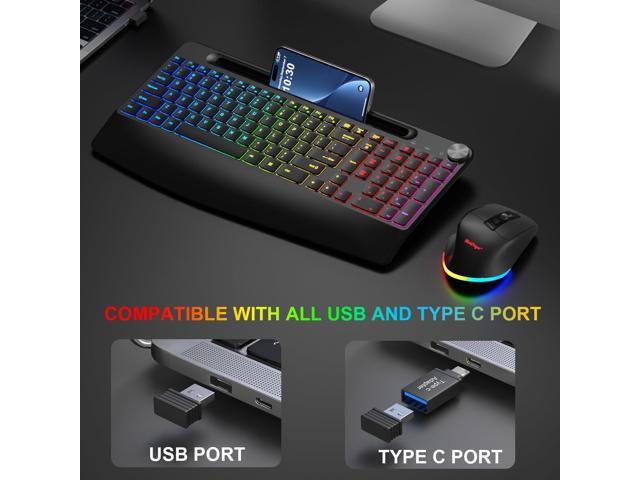 BlueFinger Wireless Keyboard and Mouse Combo Backlit, 2.4G Rechargeable Ergonomic Gaming Keyboard with Wrist Rest, Phone Holder, Volume Knob,...