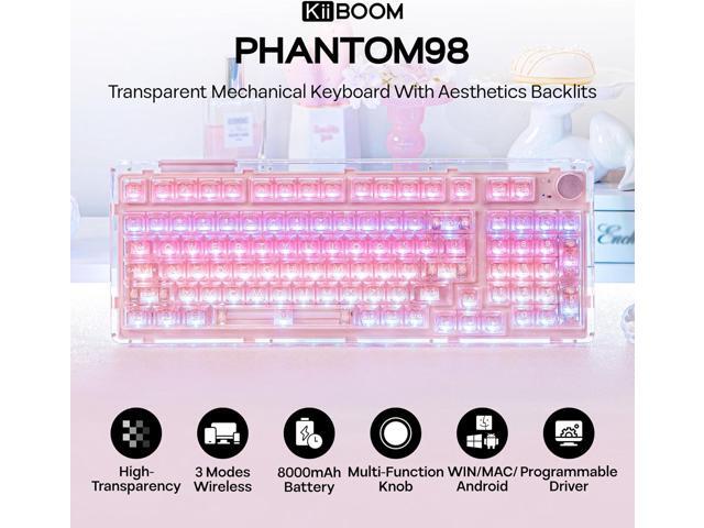 KiiBoom Phantom 98 Crystal Mechanical Gaming Keyboard, Transparent Keyboard with RGB Backlits, Hot-Swappable, Shine Through Clear Keycaps, 3 Modes...