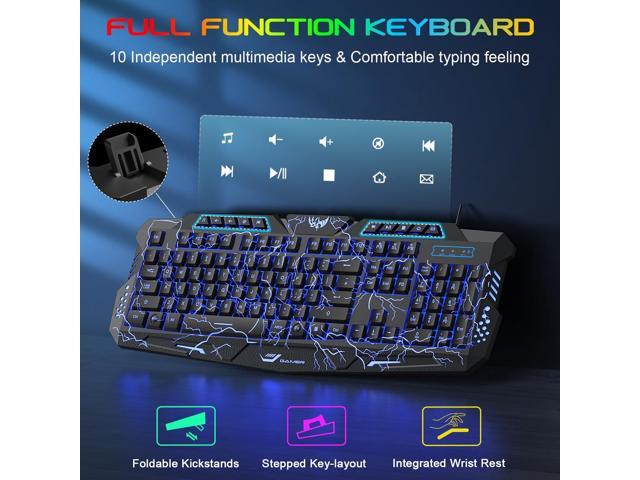 BlueFinger Backlit Gaming Keyboard, Mouse and LED Headset Combo - USB Wired 3 Color Crack Backlit, Blue LED Light Headset - Set for Work and Game