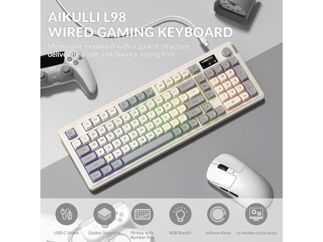 L98 Gaming Keyboard Wired, Cute Creamy Keyboard with Number Pad, Media Knob RGB Backlit, Quiet Office Computer Keyboards for PC Mac Laptop (Creamy...