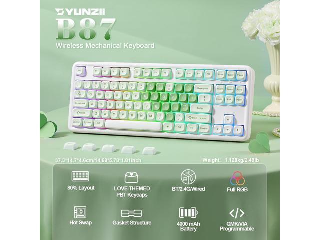 YUNZII B87 Wireless Mechanical Keyboard,QMK/VIA Programmable,TKL Layout 87 Keys,BT/2.4G/USB-C,Hot Swap Gasket Mount RGB Backlit Gaming with Wrist...