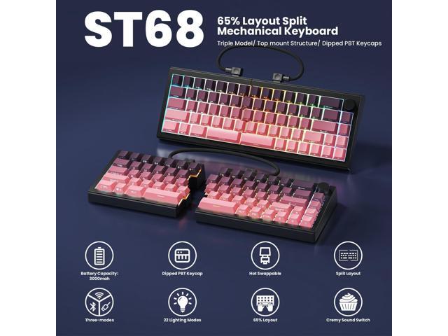 ZORNHER ST68 Wireless Ergonomic Split Mechanical Keyboard,65% Pink & Purple Creamy Thocky TKL Gaming Keyboard with Knob,Lighted Up PBT...