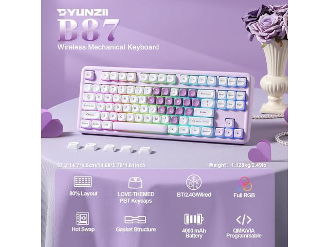 YUNZII B87 Wireless Mechanical Keyboard,QMK/VIA Programmable,TKL Layout 87 Keys,BT/2.4G/USB-C,Hot Swap Gasket Mount RGB Backlit Gaming with Wrist...