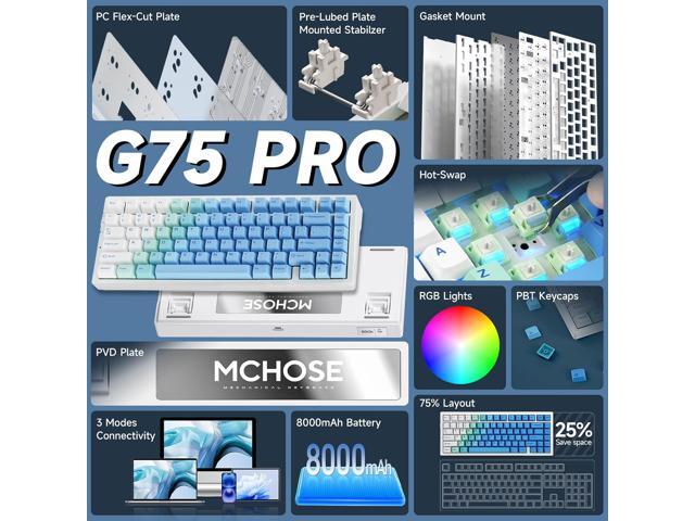 MCHOSE G75 PRO 75% Wireless Mechanical Keyboard, TKL Keyboards Tri-Mode BT5.0/2.4GHz/USB-C, Hot Swap Custom Creamy Keyboards Linear Switch, Double...