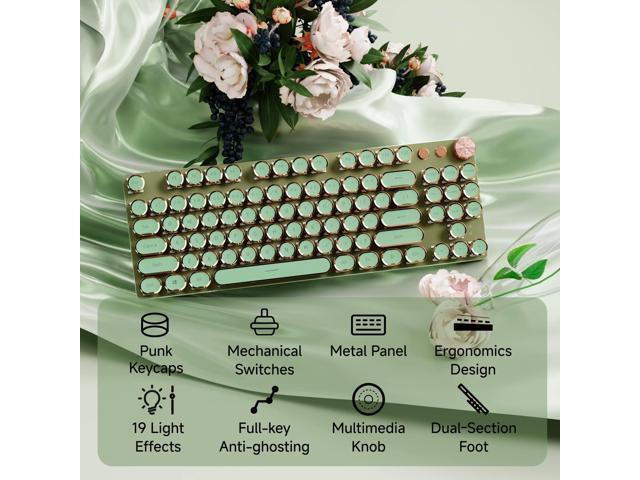 EWEADN V20 Green Typewriter Keyboard,87 Keys Backlit Typewriter Style Mechanical Keyboards, Media Control Knob, Wired/BT5.0/2.4G Typewriter Style...