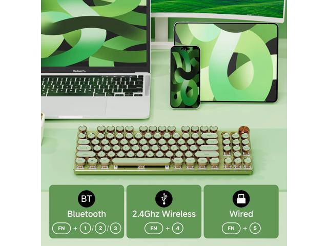 EWEADN V20 Green Typewriter Keyboard,87 Keys Backlit Typewriter Style Mechanical Keyboards, Media Control Knob, Wired/BT5.0/2.4G Typewriter Style...