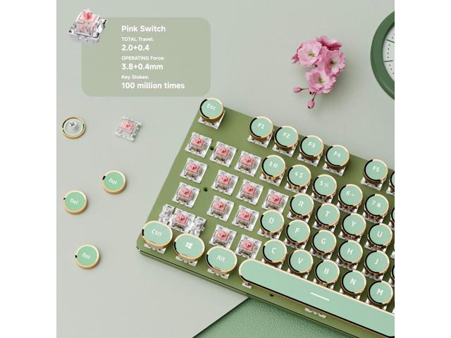 EWEADN V20 Green Typewriter Keyboard,87 Keys Backlit Typewriter Style Mechanical Keyboards, Media Control Knob, Wired/BT5.0/2.4G Typewriter Style...