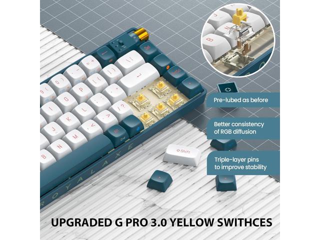 R68 60% Wireless Mechanical Keyboard, 2.4GHz/Type-C/BT5.0, Hot Swappable Custom, Pre-lubed Yellow Switches RGB Gaming Keyboard, White & Blue