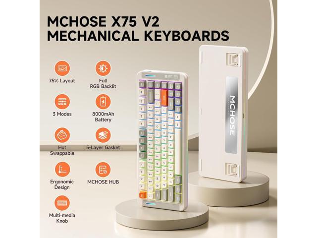 MCHOSE X75 V2 Wireless Mechanical Keyboard Volume Knob, Tri-mode BT5.0/2.4GHz/USB-C Hot Swappable Custom Keyboards, Linear Switch Creamy...