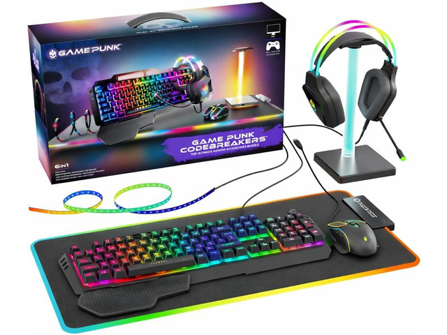 GAME PUNK 6-Piece Codebreakers RGB Gaming Bundle Mechanical Keyboard, RGB Mouse & XL Mousepad USB Hub, Gaming Headset w/Stand, Light Strip PC...