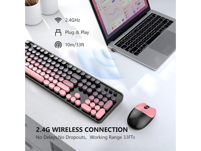Wireless Keyboard and Mouse Combo, MOFII 2.4 GHz Wireless Full-Size Retro Round Keyboard and Mouse, Plug and Play, 8 Multimedia & Shortcut Keysfor...