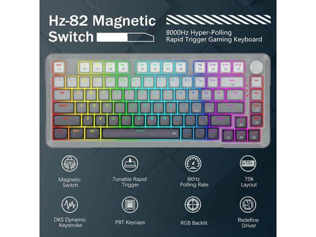 Rapid Trigger Gaming Keyboard, Hall Effect Magnetic Switch, Adjustable Actuation, 8k Hz Polling Rate, Volume Knob, RGB Backlit, PBT Keycaps, 75%...