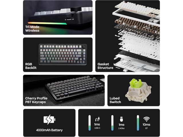 EPOMAKER EA75 75% RGB Gaming Mechanical Keyboard, 2.4GHz/Type-C/BT Creamy Wireless Keyboard with Knob, Shine Through PBT Keycaps, Hot Swappable for...
