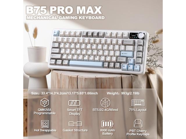YUNZII B75 PRO MAX QMK/VIA Wireless Mechanical Keyboard,75% Layout with Screen and Knob,Custom Hot Swap Gasket,Creamy Pre-lubed...
