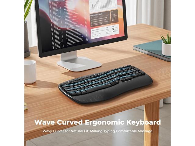 MEETION Wireless Ergonomic Keyboard, Wave Keys Firm Wrist Rest for Natural Typing, 2.4G USB-A Cordless Receiver and USB-C Adapter, Ergo Computer...