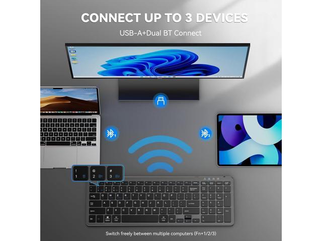 TECKNET Rechargeable Bluetooth Slim Wireless Keyboards - USB+BT Compact Keyboard with Number Pad, Multi Devices Easy Switch, Low Profile Flat...