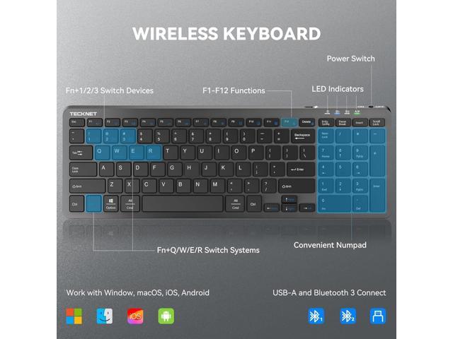 TECKNET Rechargeable Bluetooth Slim Wireless Keyboards - USB+BT Compact Keyboard with Number Pad, Multi Devices Easy Switch, Low Profile Flat...