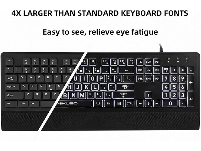 Large Print Keyboard for Seniors,Visually Impaired-High Contrast Black Keys,White Backlit with Cover,Wired USB 104 Full Size-Easy to Read Big...