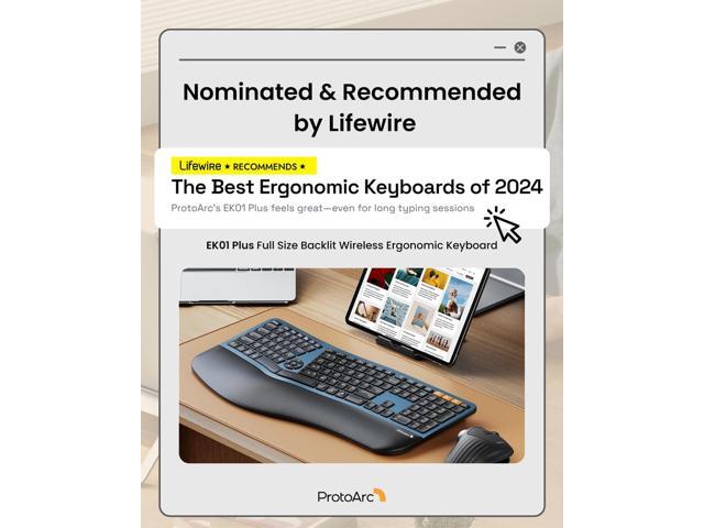 ProtoArc Backlit Bluetooth Ergonomic Keyboard, EK01 Plus Full Size Wireless Split Keyboard with Dual Bluetooth and USB, Cushioned Wrist Rest,...