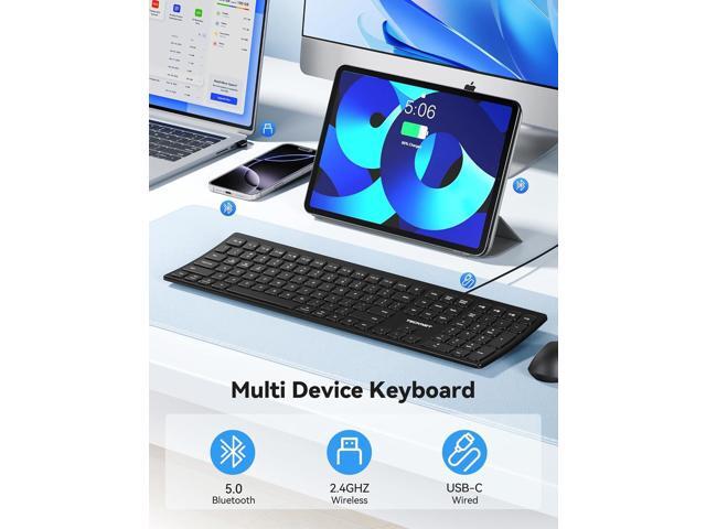 TECKNET Bluetooth Wireless Rechargeable Keyboard, Multi Device Free Switching (BT5.0+2.4G+Wired), Quiet Typing, Ultra-Slim Full Size with Numpad...
