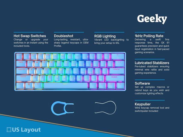 Geeky GK61 60% Hot Swappable Mechanical Gaming Keyboard 61 Keys Multi Color RGB LED Backlit for PC/Mac Gamer ANSI US American Layout (Blue,...