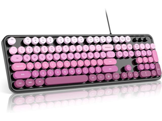 MOFII Keyboard Wired, Full Size Retro Typewriter Keyboard Round Key, USB Wired Plug and Play, for Laptop, PC, Desktop, Windows (Black Pink Gradient...