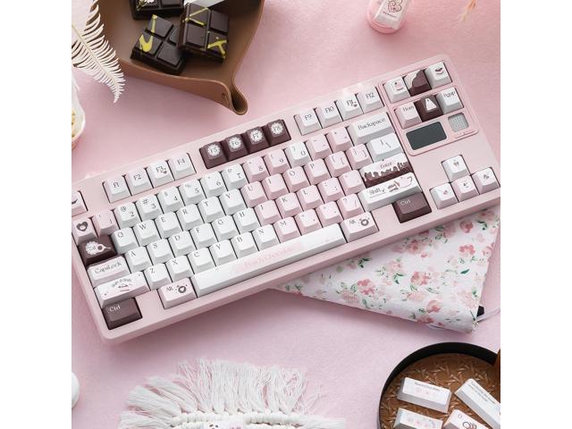 130 Keys Pink Cute Keyboard Keycaps Set, Custom PBT Cherry Profile Keycap, Thick Dye Sub Keycaps Kawaii, White Chocolate Keycap Brown, Kawaii Key...