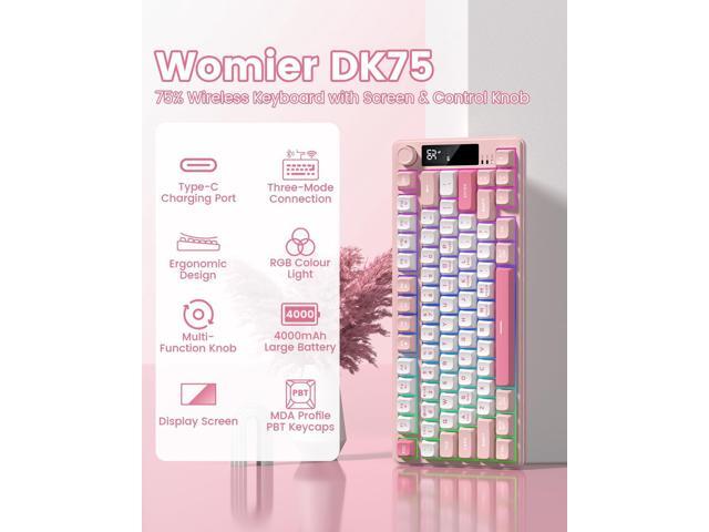 Womier DK75 75% Wireless Gaming Keyboard, RGB Backlit Creamy Keyboard with Media Knob, OLED Screen, Tri-Mode 2.4GHz/USB-C/BT5.0, Anti-Ghosting...