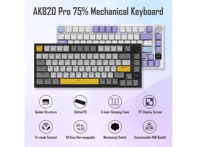 AJAZZ AK820 Pro 75% Gasket RGB Wireless Mechanical Keyboard with TFT Screen, Volume knob, Bluetooth/2.4G/Wired 3-Modes, Compact 82 Hot-Swap Keys,...