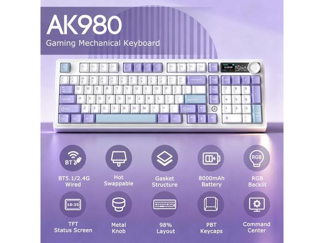 AK980 97Keys Tri-Mode Full Mechanical Keyboard, Gasket-Mounted, Hot-Swappable, 1.14 TFT Smart Display, Bluetooth 5.1/2.4G Wireless/Wired, PBT...