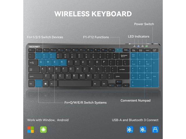 TECKNET Wireless Bluetooth Keyboard Rechargeable - Ultra Slim 2.4G+BT Keyboard with Number Pad, Low Profile Compact Silent Keyboards for Laptop,...