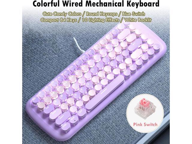 Lomiluskr Cute Colorful Wired Mechanical Keyboard for Girls and Kids, Round Keycaps, Compact 84 Keys, 10 Lighting Effects White Backlit, Pink...