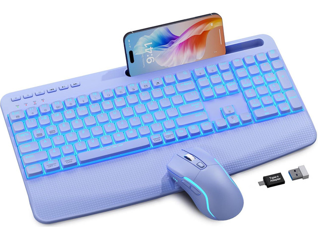 Purple Keyboard and Mouse Wireless Combo, 4000mAh Rechargeable Backlit Quiet Keyboards mice Set, USB Ergonomic Key Board with Wrist Rest & Phone...