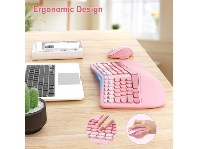 Ergonomic Wireless Keyboard Mouse, Mechanical Gaming Set with Wrist Rest & OTG & Brush Ideal for Windows PC, Home, Office and College Pink