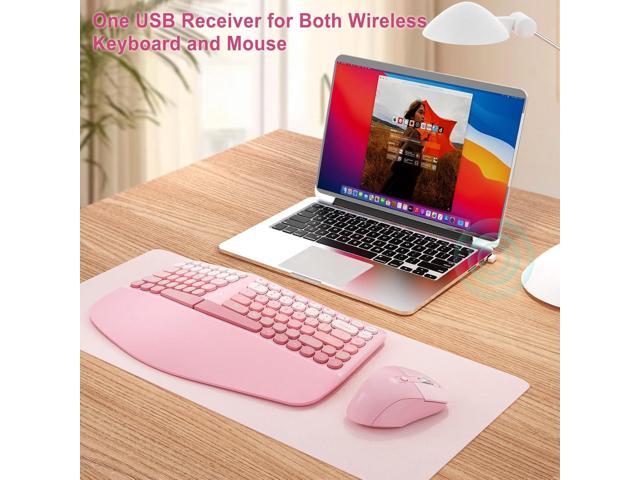 Ergonomic Wireless Keyboard Mouse, Mechanical Gaming Set with Wrist Rest & OTG & Brush Ideal for Windows PC, Home, Office and College Pink