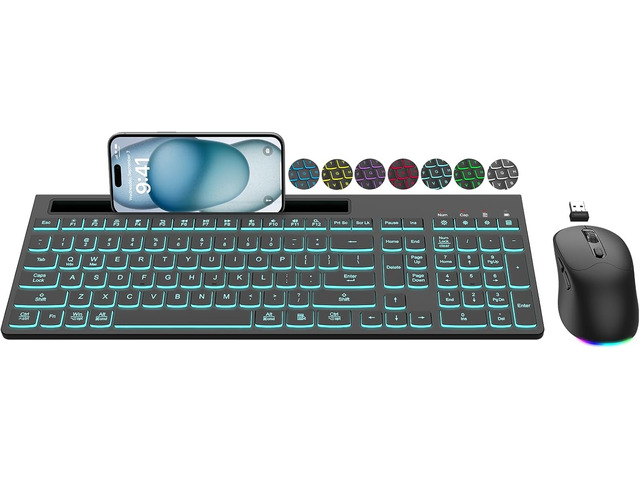 Wireless Keyboard and Mouse Combo, 7 Backlit Effects, Light Up Letters, Rechargeable, Phone Holder, 6 Button Mouse, Ergonomic Tilt Angle, 2.4GHz...