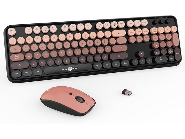 FD Wireless Keyboard and Mouse Combo - 2.4G Full-Sized Cute Colorful Mouse and Keyboard with 104 Round Keys Retro Typewriter Keyboard for...