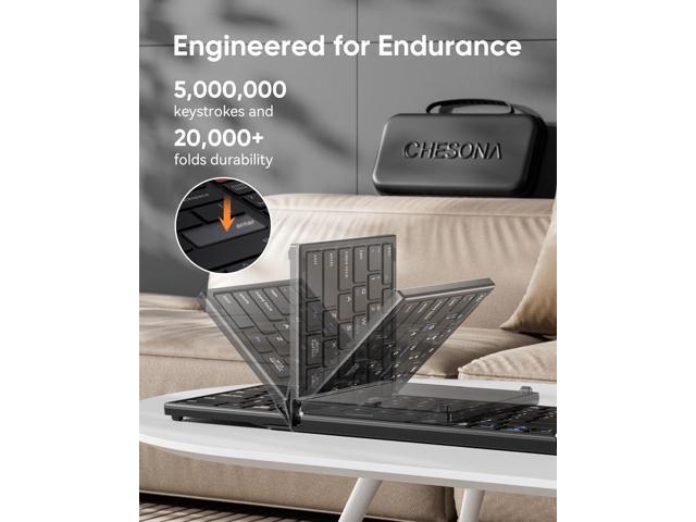 CHESONA Foldable Keyboard and Mouse Combo - Ultra Slim 600g with 2.4G+Dual Bluetooth Compact Wireless Folding Keyboard with Stand - Portable for...