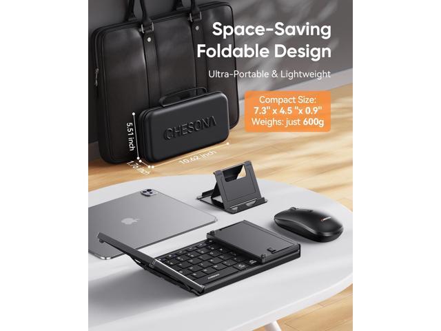 CHESONA Foldable Keyboard and Mouse Combo - Ultra Slim 600g with 2.4G+Dual Bluetooth Compact Wireless Folding Keyboard with Stand - Portable for...