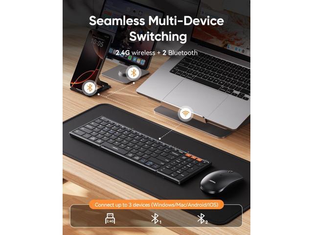 CHESONA Foldable Keyboard and Mouse Combo - Ultra Slim 600g with 2.4G+Dual Bluetooth Compact Wireless Folding Keyboard with Stand - Portable for...