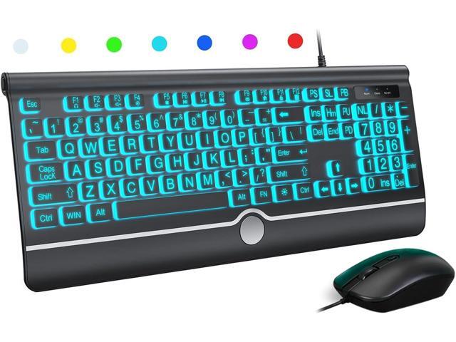 Wired Keyboard and Mouse Combo - Large Print Light Up Keyboard, USB Silent Wired Backlit Keyboard and Optical Mouse for Windows, PC, Laptop - Easy...
